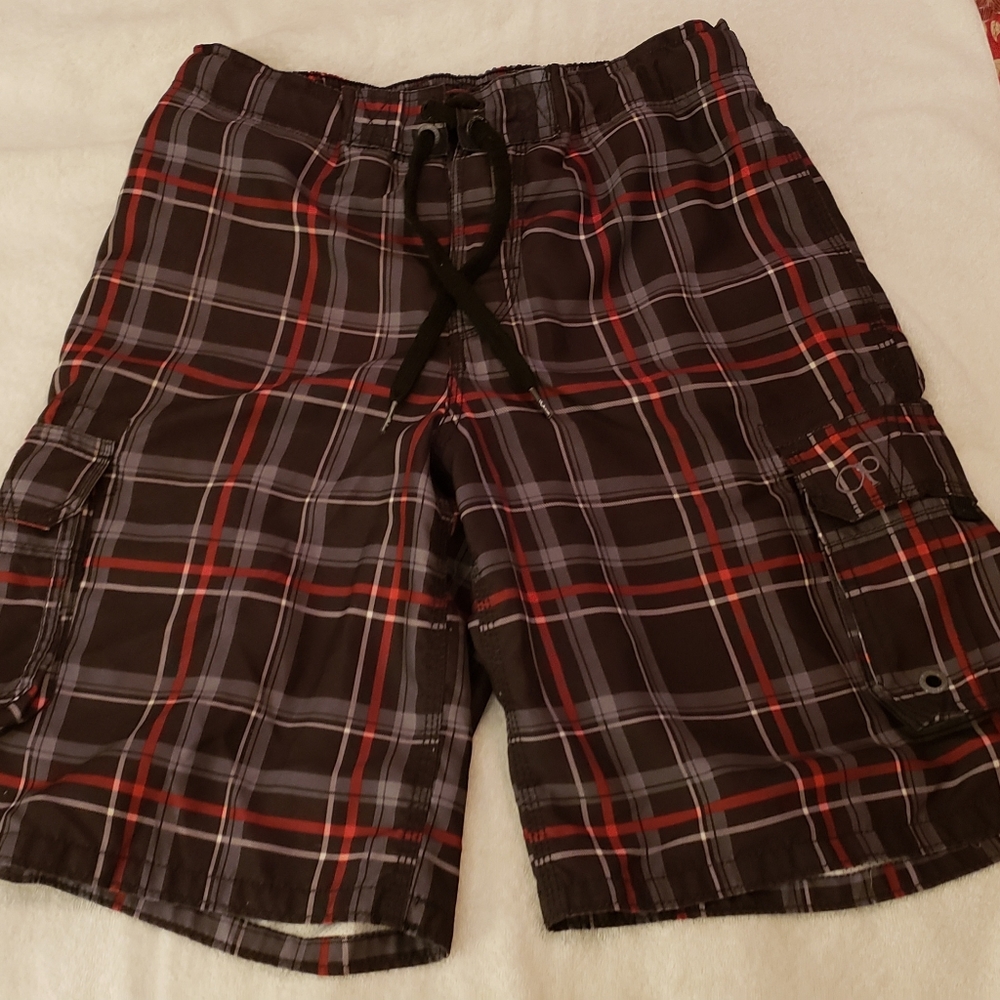 OP swim/board shorts. Black,gray,red plaid. Cargo pockets with velcro closures